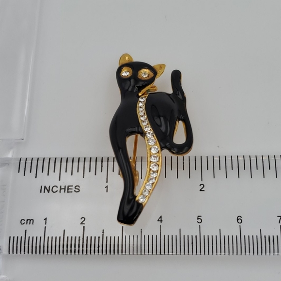 Black Enamel & Rhinestone Cat Brooch - Picture 4 of 5